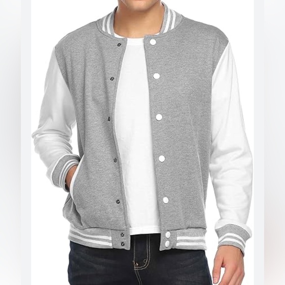 Men’s Coof Andy grey and white Varsity Bomber Jacket, size small - Picture 3 of 10
